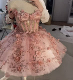 LTP1173,Princess Pink Floral Beaded Tulle Short Birthday Dresses,Girl Graduation HZ0307