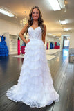 Straps White Appliques Tiered Ruffle Prom HZ0307