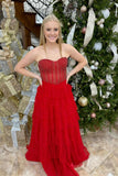 Beaded Red Sweetheart Tulle Ruffles Long Formal HZ0307