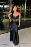 Strapless Black Sheer Appliques Fitted Long Evening HZ0307