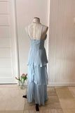 Straps Light Blue Chiffon Pleated Tiered Party HZ0307
