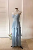 Straps Light Blue Chiffon Pleated Tiered Party HZ0307
