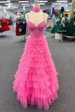 Beaded Corset Hot Pink Tulle Tiered Ruffles HZ0307