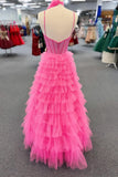 Beaded Corset Hot Pink Tulle Tiered Ruffles HZ0307