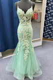Straps Sage Green Lace Appliques Mermaid Long Prom HZ0307