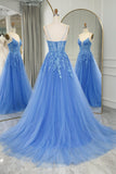 Straps Blue Lace Appliques A-line Long Prom HZ0307