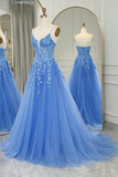 Straps Blue Lace Appliques A-line Long Prom HZ0307