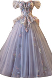 Off the ShoulderPurple Floral Embroidery A-line Prom HZ0307