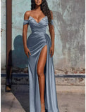 Off Shoulder Beaded Prom Dress - Long Satin Evening HZ0307