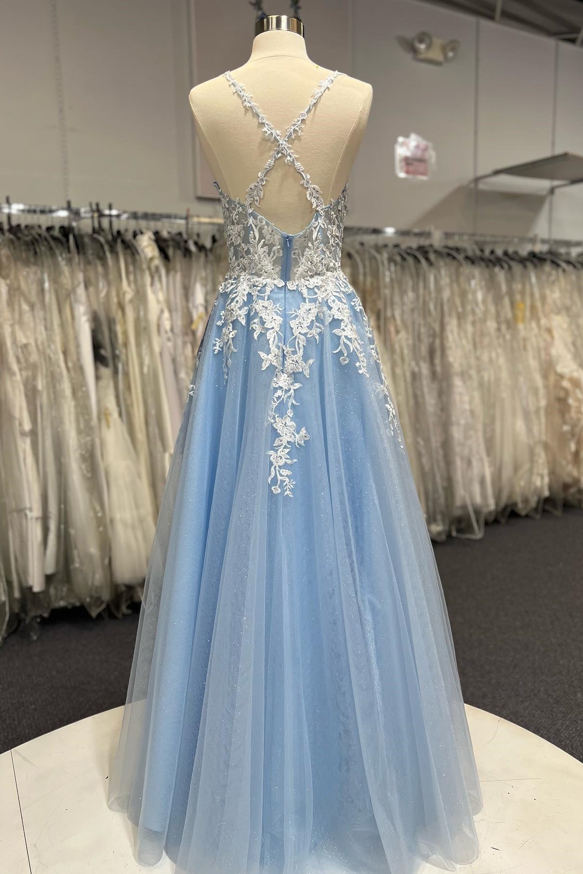 A-line Blue Tulle and White Lace Long Prom HZ0307