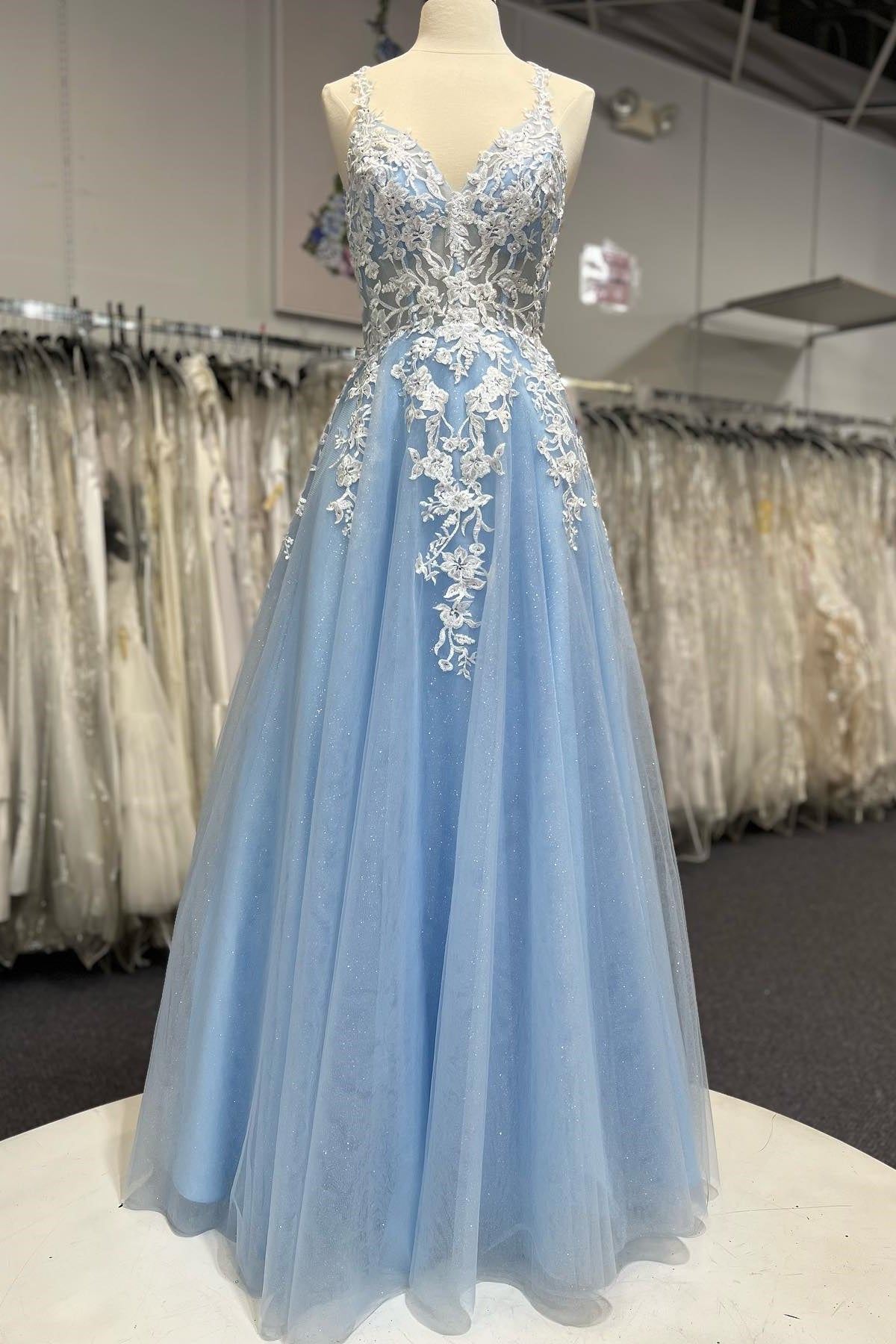 A-line Blue Tulle and White Lace Long Prom HZ0307