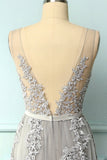 A-line Grey Tulle and Lace Long Formal HZ0307