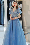 Beaded Blue A-line Short Sleeves Long Formal HZ0307