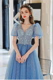 Beaded Blue A-line Short Sleeves Long Formal HZ0307