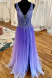 Beaded Purple Tulle A-line Long Formal HZ0307