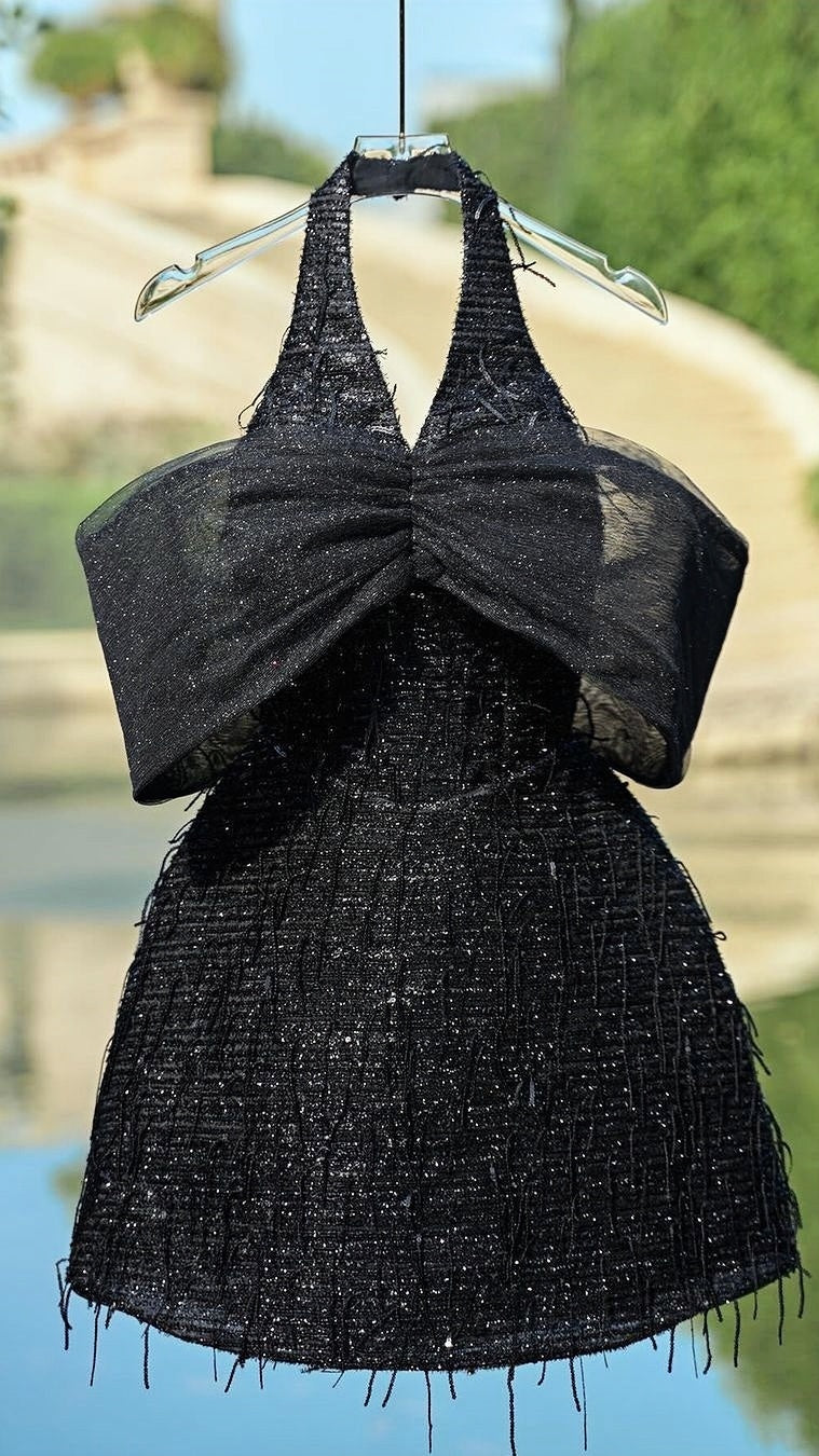 Black Tassel Sequins Homecoming Dresses Off The Shoulder Party Dress, HZ0307