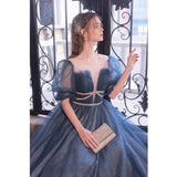 Blue A-line Tulle Long Formal Dress with Short Puffy HZ0307