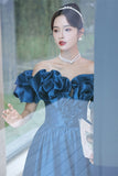 Blue Off the Shoulder A-line Satin Long Formal HZ0307