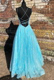 Blue Shiny A-line Long Formal Dress with Lace Up HZ0307