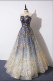 Blue Ombre Strapless Prom Dress - A-Line Tulle Evening HZ0307