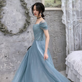 Blue Tulle Long Prom Dress - A-Line Evening HZ0307