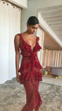 Burgundy Chiffon Dots Bodycon Prom Dress V-neck Party HZ0307