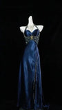 Charming Blue Halter Pleated Senior Prom Dresses Beaded Evening Formal HZ0307