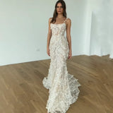 Charming Ivory Floral Lace Wedding Dresses Mermaid Bridal HZ0307