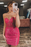 Classic Sequin Bodycon Homecoming Dresses Hot Pink Cocktail Dress, HZ0307