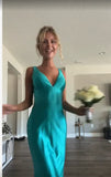 Classy A line V Neckline Blue Satin Sleeveless Long Prom Dresses HZ0307