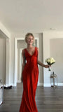 Classy A line V Neckline Blue Satin Sleeveless Long Prom Dresses HZ0307
