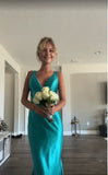 Classy A line V Neckline Blue Satin Sleeveless Long Prom Dresses HZ0307