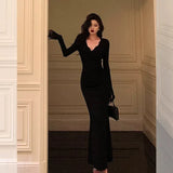 Classy Mermaid V Neckline Long Sleeves Black Prom Dresses Birthday Outfits , HZ0307