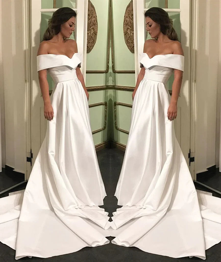 Off The Shoulder White Satin Custom Made Cheap Wedding HZ0307