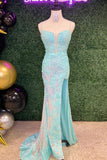 Elegant Pink Lace Mermaid Slit Long Prom HZ0307