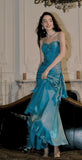 Burgundy Mermaid Prom Dress with Ruffles - Spaghetti Strap Evening HZ0307