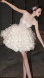France Romantic Spaghetti Straps Wedding Dresses Floral Short Light Weight Bridal HZ0307