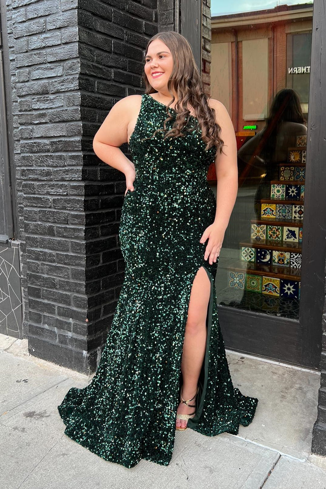 Fuchsia Sequin One Shoulder Mermaid Long Prom Dress with HZ0307