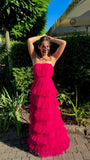 Fuchsia Strapless Tulle Ruffle Party Dress Floor Length Prom Dress, HZ0307