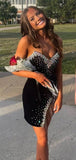 Glitter Black Homecoming Dresses Tight Beaded Velvet Short Prom HZ0307