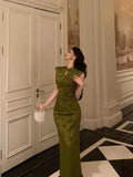 Gorgeous Mermaid High Neckline Green Satin Floral Date Night Dress Long Prom Dresses Birthday Outfits , HZ0307