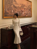 Gorgeous Mermaid High Neckline Ivory Satin Date Night Dress Prom Dresses Birthday Outfits , HZ0307