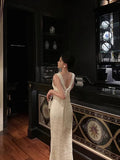 Gorgeous Mermaid Jewel Neckline White Satin Floral Date Night Dress Long Prom Dresses Birthday Outfits, HZ0307