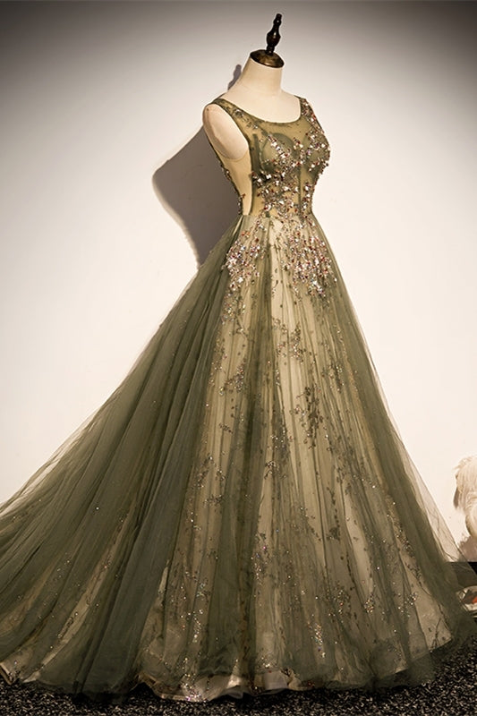Elegant Plam Green Beaded Long Formal HZ0307