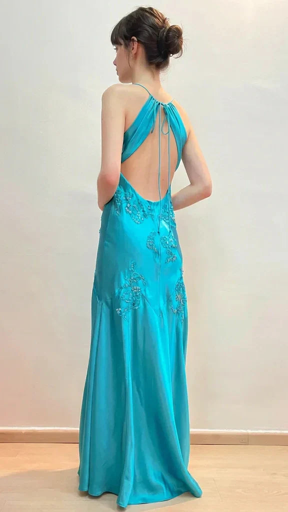 Green Mermaid V Neck Appliques Satin Open Back Long Prom Dress HZ0307