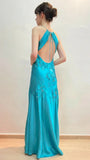 Green Mermaid V Neck Appliques Satin Open Back Long Prom Dress HZ0307