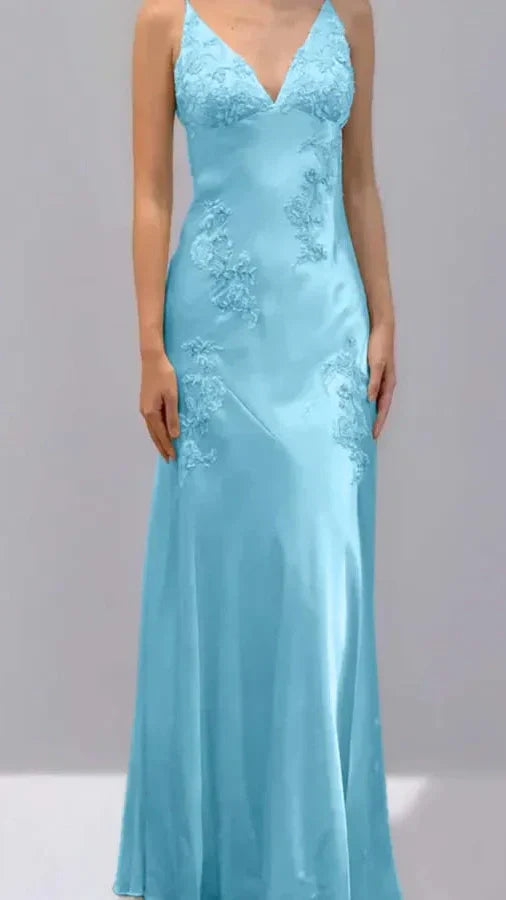 Green Mermaid V Neck Appliques Satin Open Back Long Prom Dress HZ0307