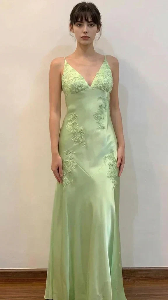 Green Mermaid V Neck Appliques Satin Open Back Long Prom Dress HZ0307