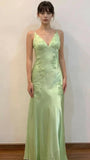 Green Mermaid V Neck Appliques Satin Open Back Long Prom Dress HZ0307