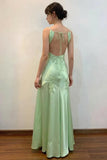 Green Mermaid V Neck Appliques Satin Open Back Long Prom Dress HZ0307
